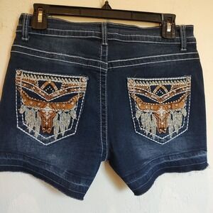 Bamboo Women Jrs Denim Cutoff Jean Raw Hem Stretch Sz 9/10 Embroidered Festival